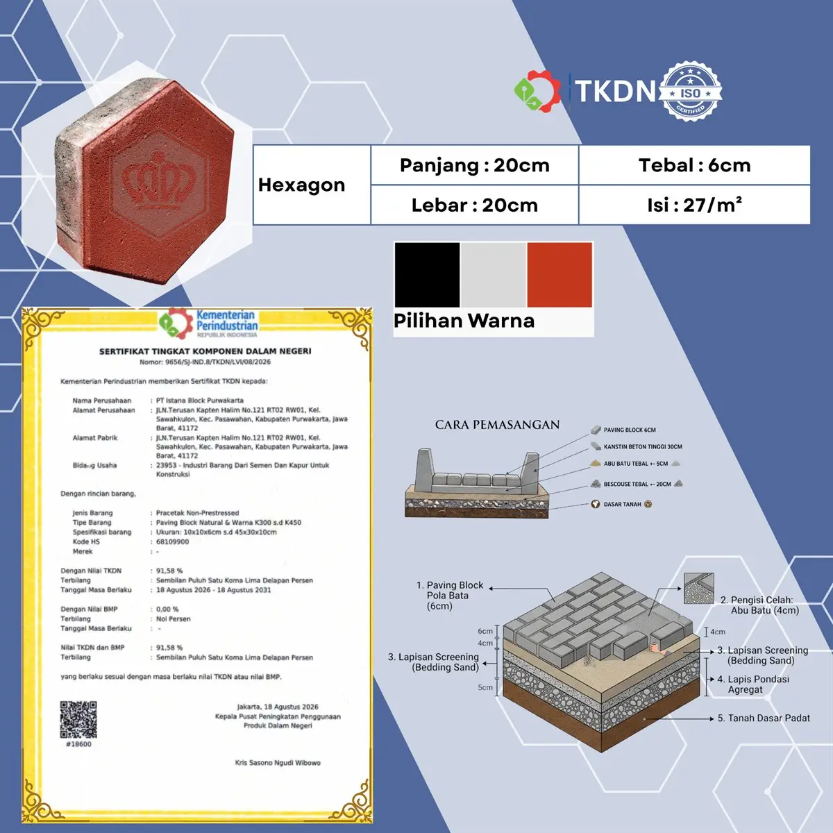 Paving block Hexagon Istana Block Purwakarta: ukuran, warna, dan sertifikat TKDN